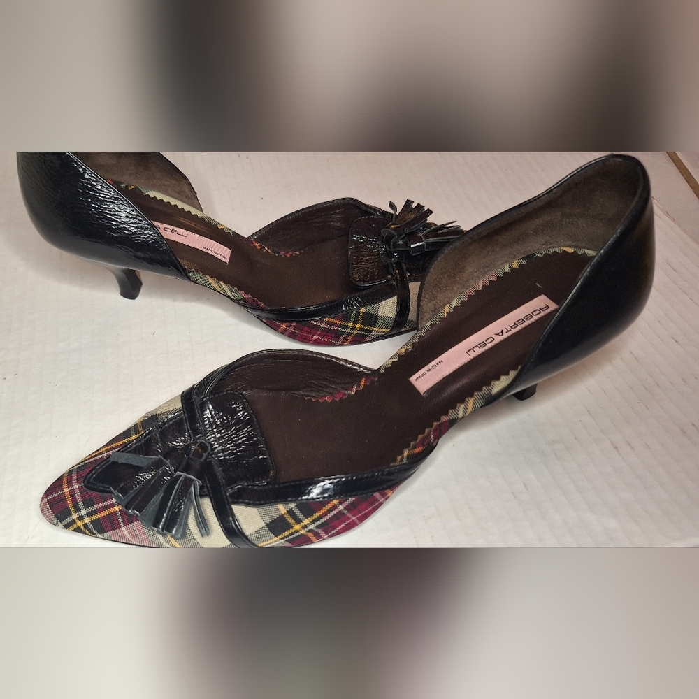 Roberta Celli Plaid Pointed D'Orsay Flats with Black Patent Accents Vintage - Picture 5 of 5